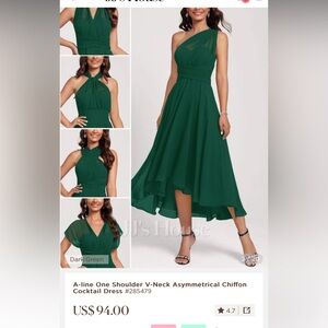 A-Line v-neck asymmetrical chiffon cocktail dress. Dark green